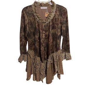 Pretty Angel Top Brown Floral Button Fairy Core Lace Gypsy Festival Whimsigoth